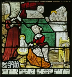 Okno znázorňující narození sv. Mikuláše, 1460-70